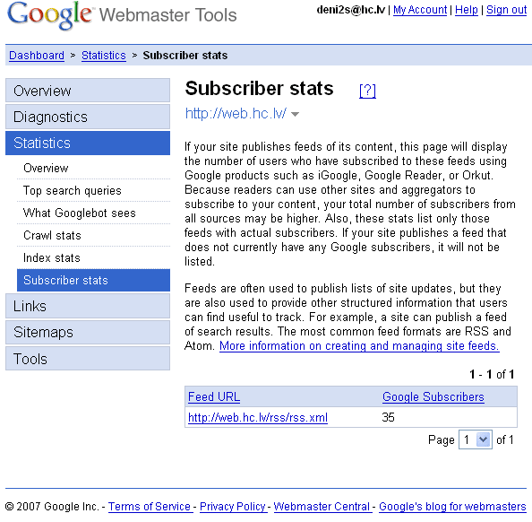 Google Webmaster Tools RSS subscribers